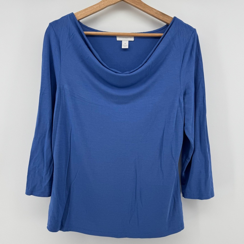 Charter Club Cowl Draped Neck Top Medium Blue 3/4 Sleeve Rayon Stretch Knit